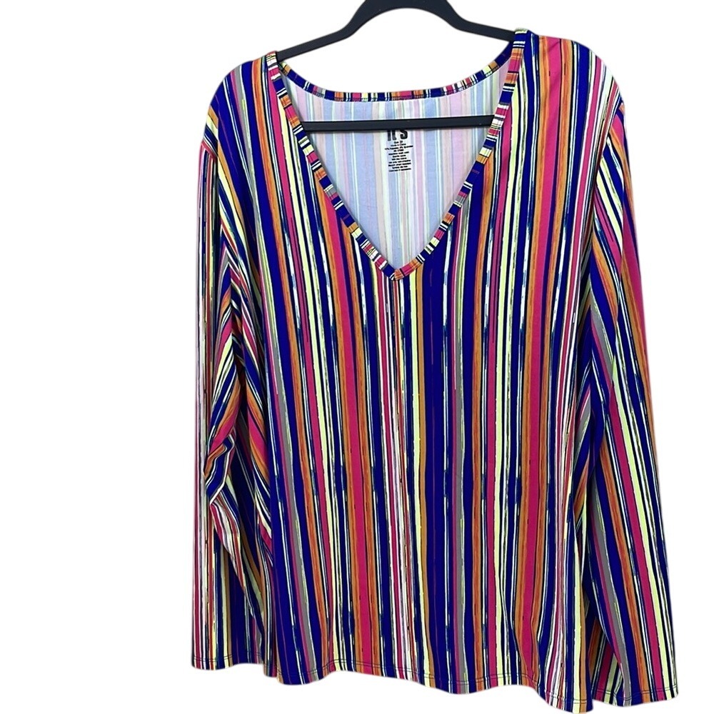 ITS Striped V Neck Long‎ Sleeve Top Colorful Stripes Plus Size